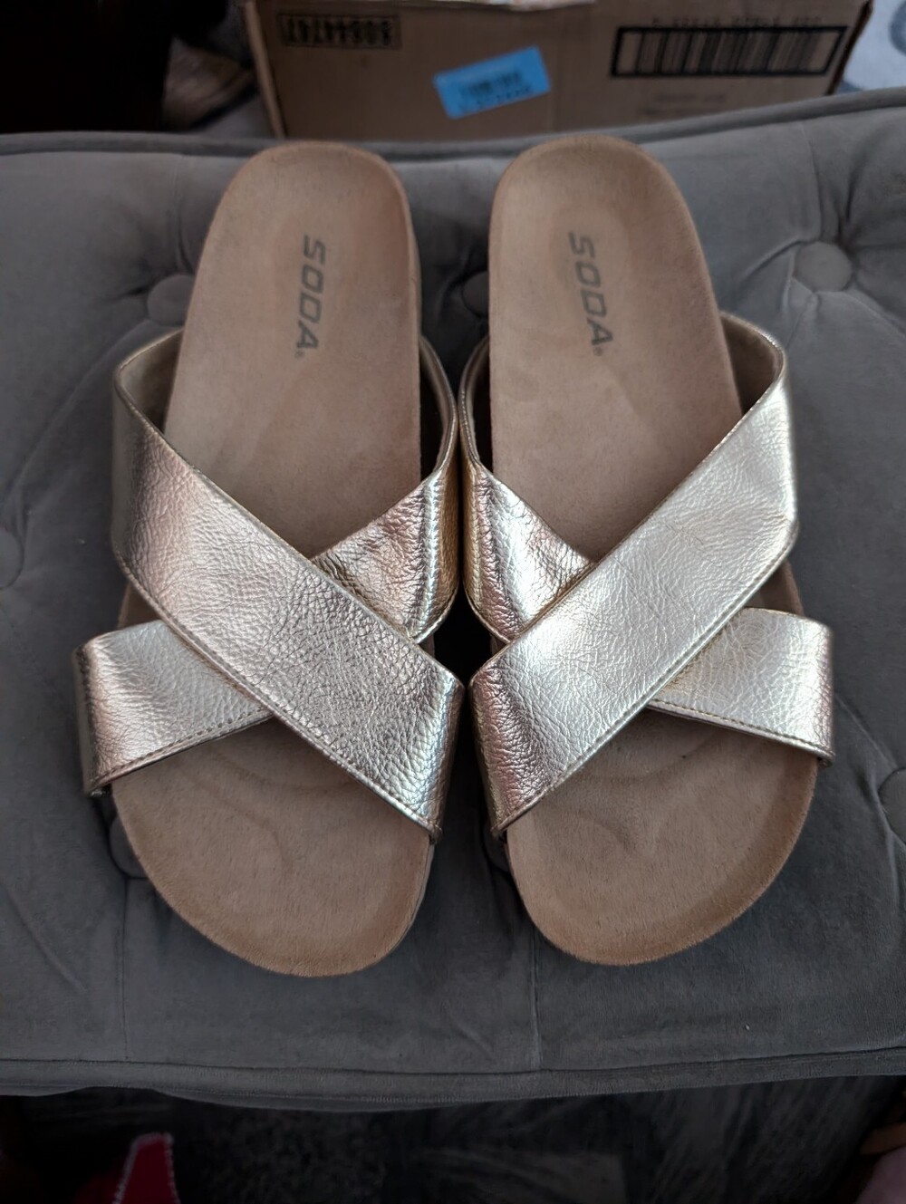 SODA Women's Metallic Gold Crisscross Slide Mules Size 9